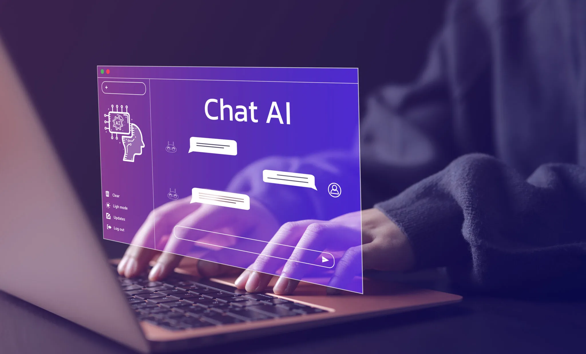 Hands typing on a computer with a digital illustration representing what is on screen. The text reads “Chat AI.”