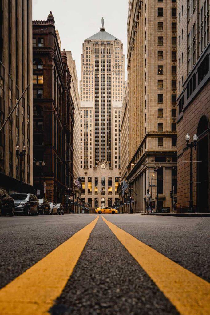 Chicago Board of Trade Building as seen from street level. The art-deco skyscraper is a National Historic Landmark built in 1930.