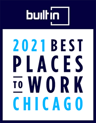 Graphic badge indicating that PEAK6 won an award from the organization Built In Chicago as a 2021 Best Places to Work in Chicago.