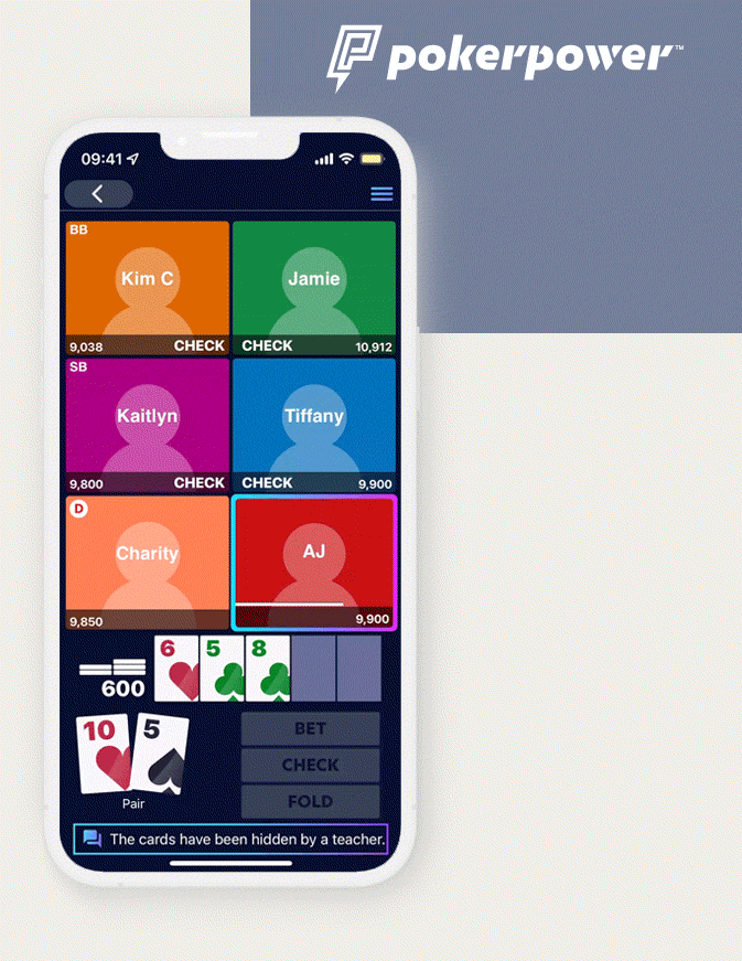 Poker Power logo, overlayed with a GIF of the Poker Power app in a working simulation.