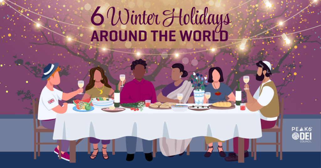Illustration of six people around a table with a feast. The people represent different cultures celebrating different winter holidays.