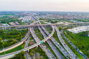 Florida Transport city junction road aerial view with vehicle movement