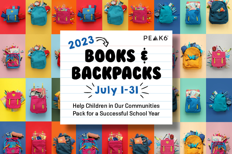 Graphic reads: 2023 books & backpacks. July 1-31. Help children in our communities pack for a successful school year.