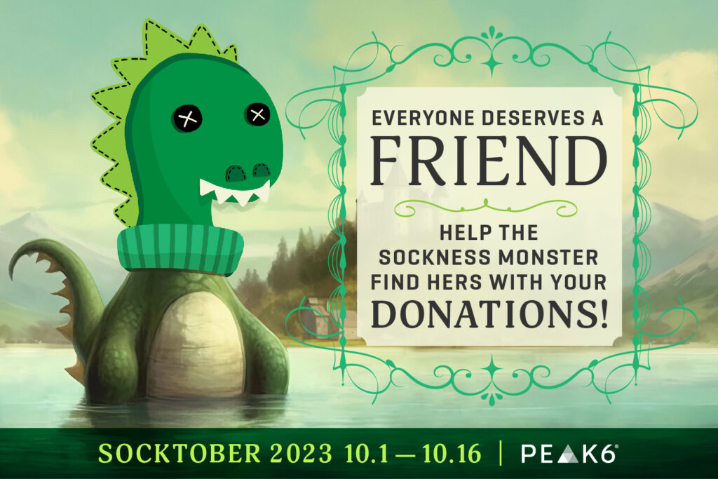 Graphic reads: everyone deserves a friend. Help the sockness monster find hers with your donations!