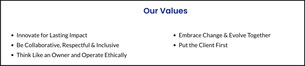 The five AFS core values: innovative for lasting impact; be collaborative, respectful, and inclusive; think like an owner and operate ethically; embrace change and evolve together; put the client first.