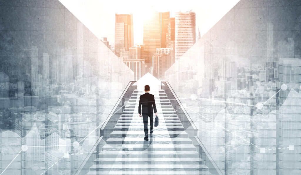A digital illustration showing someone moving forward in business. They are walking up a flight of stairs holding a briefcase with an arrow pointing forward into a bright skyline with charts and other digital symbols overlaid.